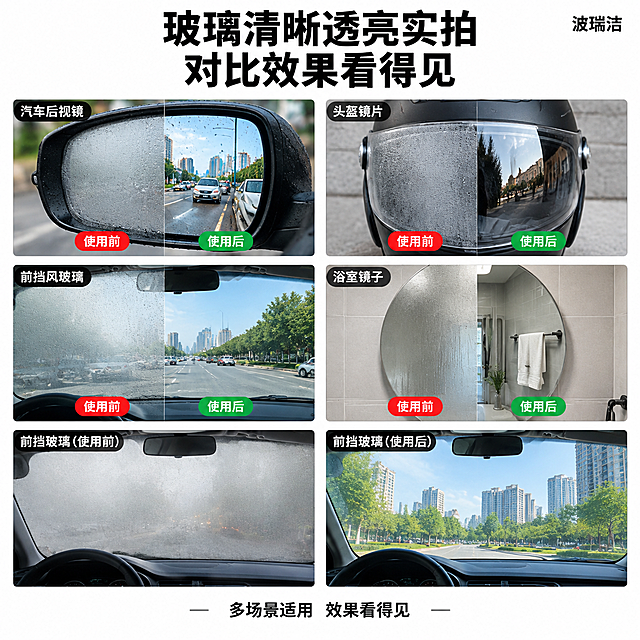[主图-3] 波瑞洁玻璃防雾剂多场景对比效果图，主题为玻璃清晰透亮实拍对比。
[统一基调] 电商详情对比效果图风格，写实照片拼接，排版整齐，白底简约，清晰展示防雾前后差异。
[画面] 1:1比例，白色背景。顶部黑色粗体标题："玻璃清晰透亮实拍 对比效果看得见"，右上角小字黑色："波瑞洁"。画面主体为6宫格实拍对比小图，2列3行排列，每张小图都有清晰的左右或上下对比效果。左上：汽车后视镜一半起雾朦胧一半清晰透亮实拍对比。右上：摩托车头盔镜片一半起雾一半清晰实拍对比。左中：汽车前挡风玻璃一半起雾朦胧一半清晰对比。右中：浴室镜子一半起雾一半清晰对比图。左下：前挡玻璃完全起雾朦胧实拍状态（使用前）。右下：处理后通透干净的前挡风玻璃，窗外可见楼房绿植（使用后）。每张小图下方或角落有简短标签说明场景。
[光影质感] 写实照片质感，每张小图都是真实摄影效果，对比效果明显，起雾一侧朦胧模糊，清晰一侧通透锐利，整体光线自然真实。
[配色] 白底为主，照片真实色彩还原，标题黑色，对比标签用红色标注"使用前"、绿色标注"使用后"或用箭头指示。
[文字版式] 顶部大标题居中加粗。右上角品牌小字。6宫格每格有小型场景标签文字，如"汽车后视镜""头盔镜片""前挡风玻璃""浴室镜子"等，白色或黑色小字放在图片角落不影响对比效果。底部可加一行小字说明："多场景适用 效果看得见"。
[输出要求] 1:1正方形，2048x2048，照片真实清晰，对比效果明显，排版整齐美观。负向：模糊、假图感、对比不明显、水印、错字。