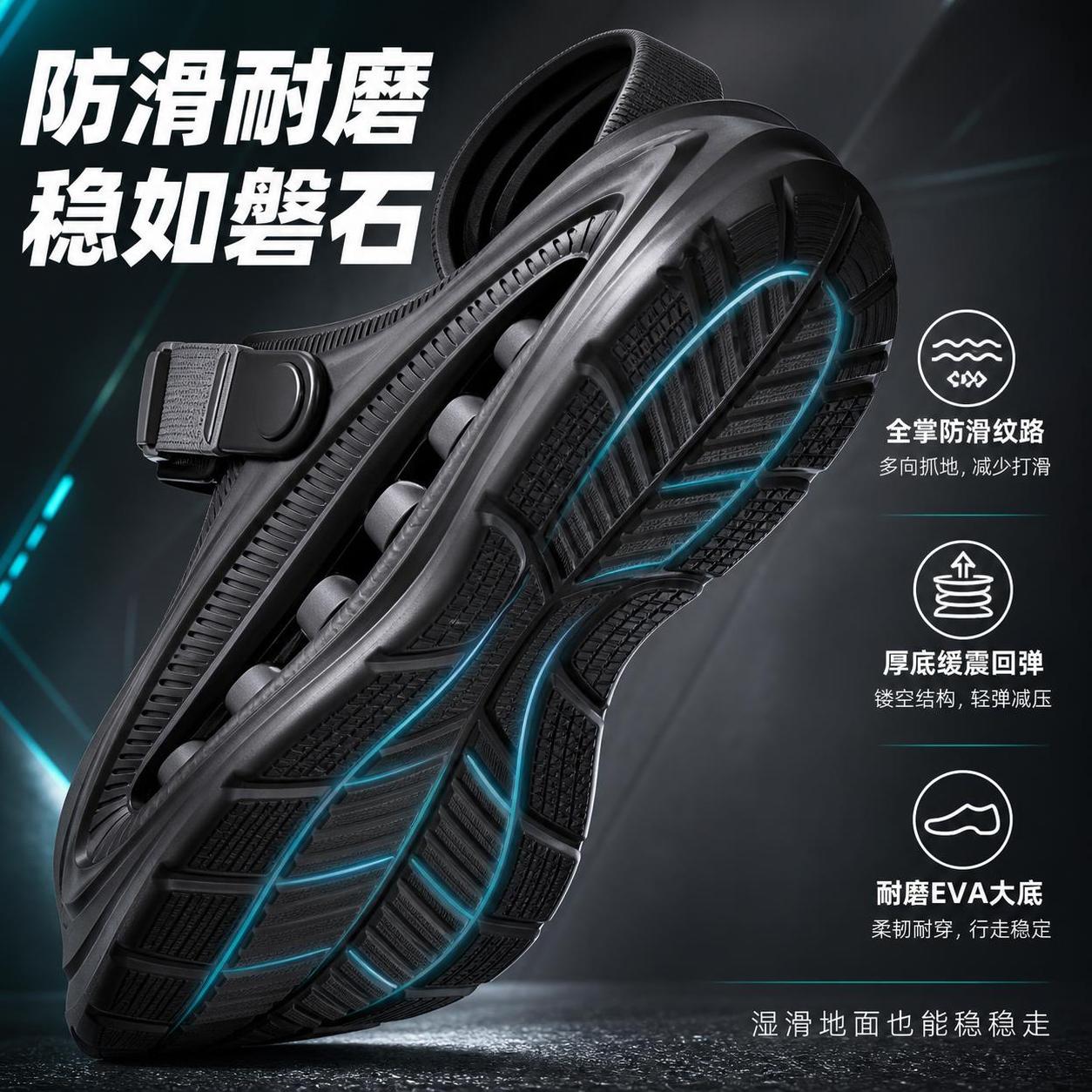 拼多多风格洞洞鞋防滑耐磨结构展示图。主体为黑色款洞洞鞋鞋底朝前… - 图片创意预览