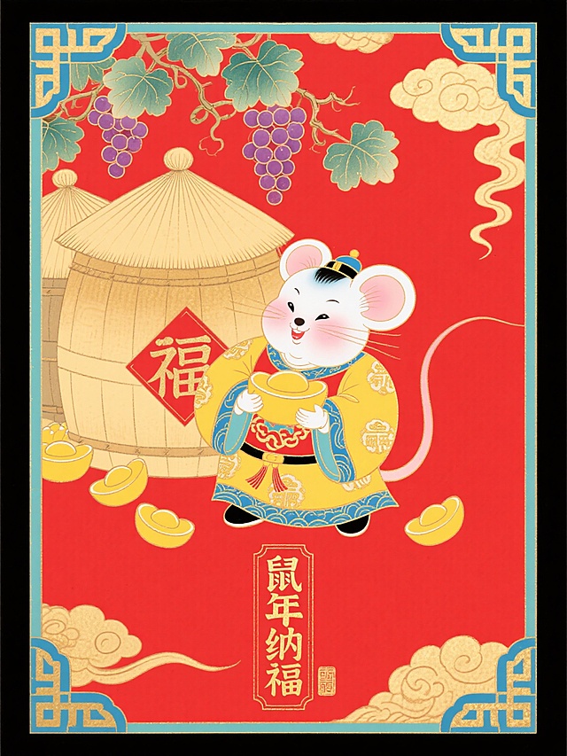 国潮风卡通鼠拟人化，手持金元宝，鎏金装饰，喜庆春节氛围。