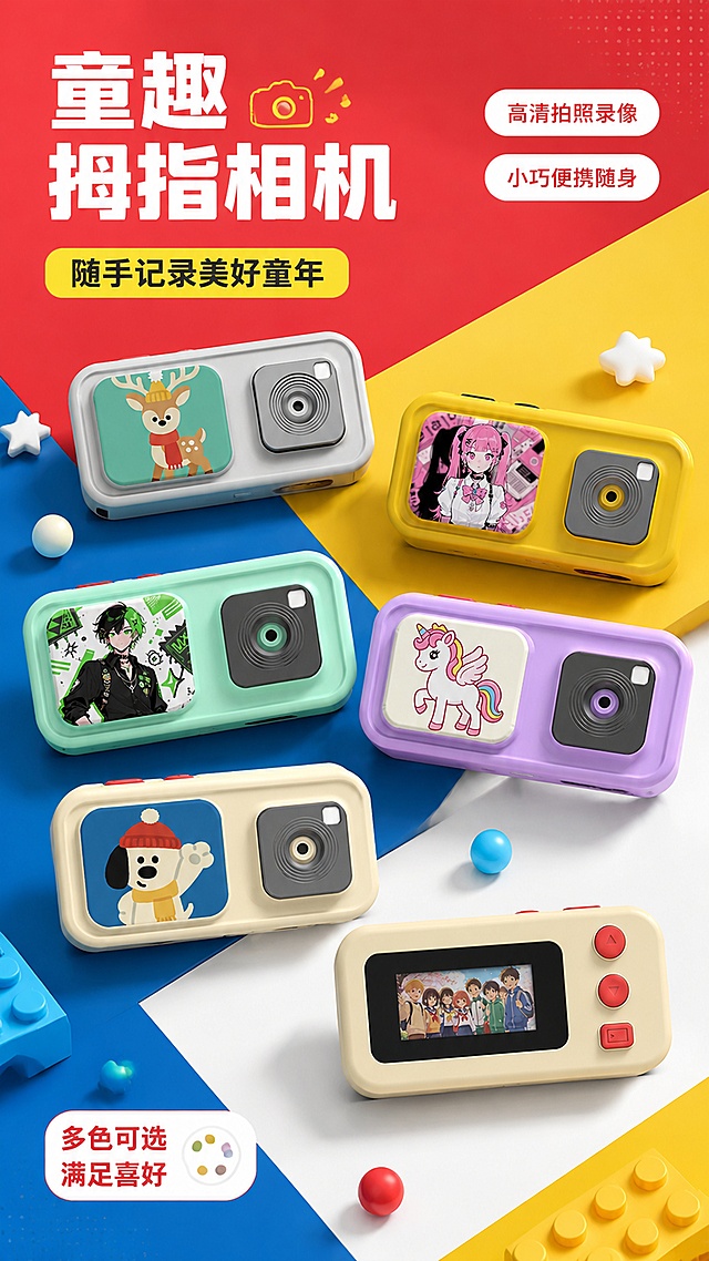 [第1屏] 详情页头图-儿童拇指相机新品宣传海报。本屏使用图1到图6作为不同颜色款式的商品主体，参考图10提取撞色排版风格。
[氛围/风格] 活力撞色潮流风，色彩明快，商业摄影质感，童趣数码产品氛围。
[元素布局] 6款不同配色相机错落排版展示在画面中下部，每个相机保持外观、结构、颜色与输入产品图一致；顶部预留大标题区域，文案区左上分层排版，产品占比约65%，背景搭配几何色块拼接装饰。
[光影质感] 顶部柔光打亮产品，产品下方自然投影，整体明亮通透，色彩饱和度适中，产品轮廓清晰。
[配色色系] 全局底色参考红、黄、蓝撞色拼接，主色红、黄、蓝三原色撞色，辅助色白色、浅灰。
[视角构图] 俯视排版，产品矩阵错落分布为视觉中心，阅读动线从上到下，标题区 → 产品矩阵 → 底部卖点标签。
[文字版式] 顶部主标题「童趣拇指相机」，副标题「随手记录美好童年」，大字体加粗左对齐；右上角两行卖点「高清拍照录像」「小巧便携随身」用白色圆角胶囊标签展示；左下角标注「多色可选满足喜好」；所有文字清晰不遮挡产品主体，符合移动端可读性要求。
[比例分辨率] 9:16竖版比例，4K分辨率，文字清晰可辨，高清画质。
[负向提示词] 产品变形，颜色偏差，缺件错件，结构错误，水印，文字错乱，文字过小，产品图模糊，背景杂乱。