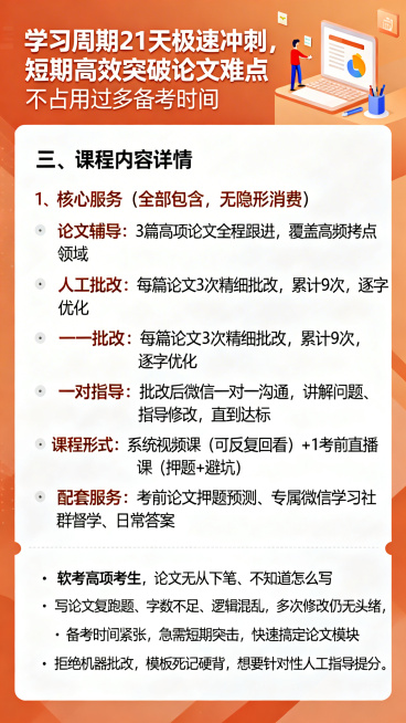 小鹅通课程详情页内容模块宣传图，风格和之前的顶部卖点图统一，简洁专业适合教育培训类宣传。画面清晰展示课程内容详情，完整显示文案：“三、课程内容详情 1. 学习周期 21天极速冲刺，短期高效突破论文难关预览效果
