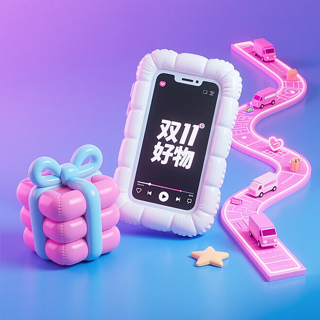 软3D风格，充气质感的手机与礼盒，搭配梦幻粉蓝渐变背景，科技感与可爱感交融，展现双11购物狂欢的甜蜜潮流氛围。