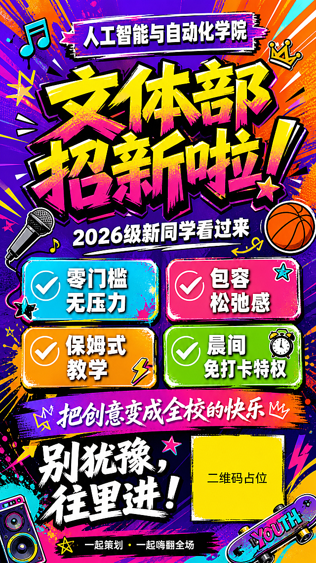 一张大学社团招新电子海报，竖版9:16，涂鸦潮流艺术风格，色彩鲜艳引人注目，高饱和度撞色设计，充满青春活力。

背景：电光紫与荧光橙渐变底色，叠加几何图形、星星、音符、篮球、麦克风等文体元素的涂鸦装饰，画面四周有彩色泼墨和放射线条，动感十足。

顶部区域：醒目标签条写着"人工智能与自动化学院"，字体为白色粗体。

主标题区（画面中上居中）：超大号艺术字"文体部招新啦！"，字体采用潮流涂鸦风格，颜色为荧光黄+玫红渐变，带黑色描边和立体阴影效果，非常醒目。

副标题：主标题下方写着"2026级新同学看过来"，白色字体。

中部权益清单区（左右分栏卡片布局）：
左侧彩色卡片1：✓ 零门槛无压力
左侧彩色卡片2：✓ 保姆式教学
右侧彩色卡片3：✓ 包容松弛感
右侧彩色卡片4：✓ 晨间免打卡特权
每张卡片用不同的高饱和色块（青蓝、橙黄、粉红、草绿），白色✓标记，文字清晰可读。

中部下方金句区：渐变底条上写着"把创意变成全校的快乐"，白色艺术字体。

底部区域：
左侧：大号文字"别犹豫，往里进！"白色粗体
右侧：一个亮黄色方块占位符，中央标注"二维码占位"黑色文字
最底部小字："一起策划 · 一起嗨翻全场"

整体风格：潮流涂鸦风，高饱和度撞色，版式精美，层次分明，充满年轻活力和招新氛围，所有文字清晰可读，画面完整无空白区域。

画面中所有二维码区域使用纯色方块占位符呈现，方块中央标注"二维码占位"文字，严禁生成任何可识别的二维码图案。
画面中所有信息区域、卡片、权益列表等必须填充完整合理的内容，不得出现空白框、空白占位、横线待填写区域、空列表项、空单元格；确保是完整可用的成品海报而非待填写模板。