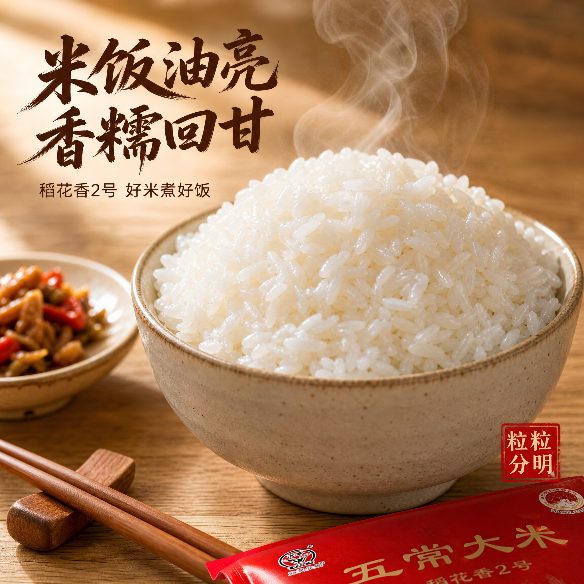 熟米饭特写主图，一碗刚蒸好的五常稻花香2号大米饭占据画面中心，… - 图片创意预览