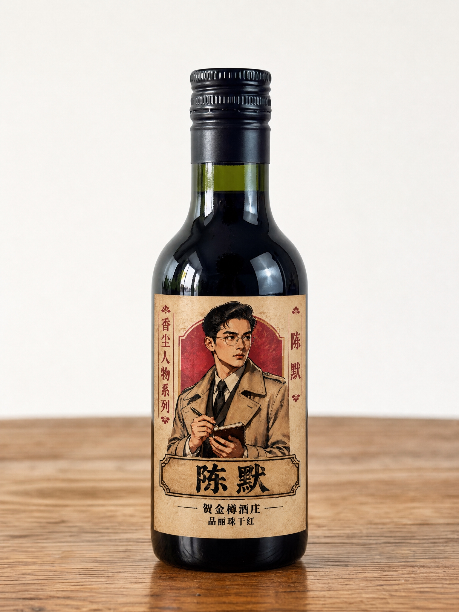产品摄影图，一只187ml小容量深绿色玻璃红酒瓶，瓶身圆润，黑… - 图片创意预览