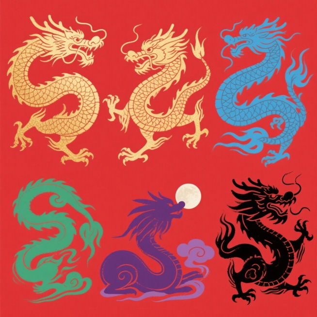 六个不同造型的中国传统龙纹图案，每个龙纹均采用毛笔笔触风格绘制，线条流畅有力，具有浓郁的东方艺术气息。每个龙纹形态各异，有的盘旋上升，有的昂首阔步，有的回首望月，有的腾云驾雾，有的静卧沉思，有的威风凛凛。所有龙纹均以纯色背景呈现，色彩分别为金色、红色、蓝色、绿色、紫色和黑色，整体排列规整，形成一组风格统一且色彩丰富的系列素材集合。预览效果