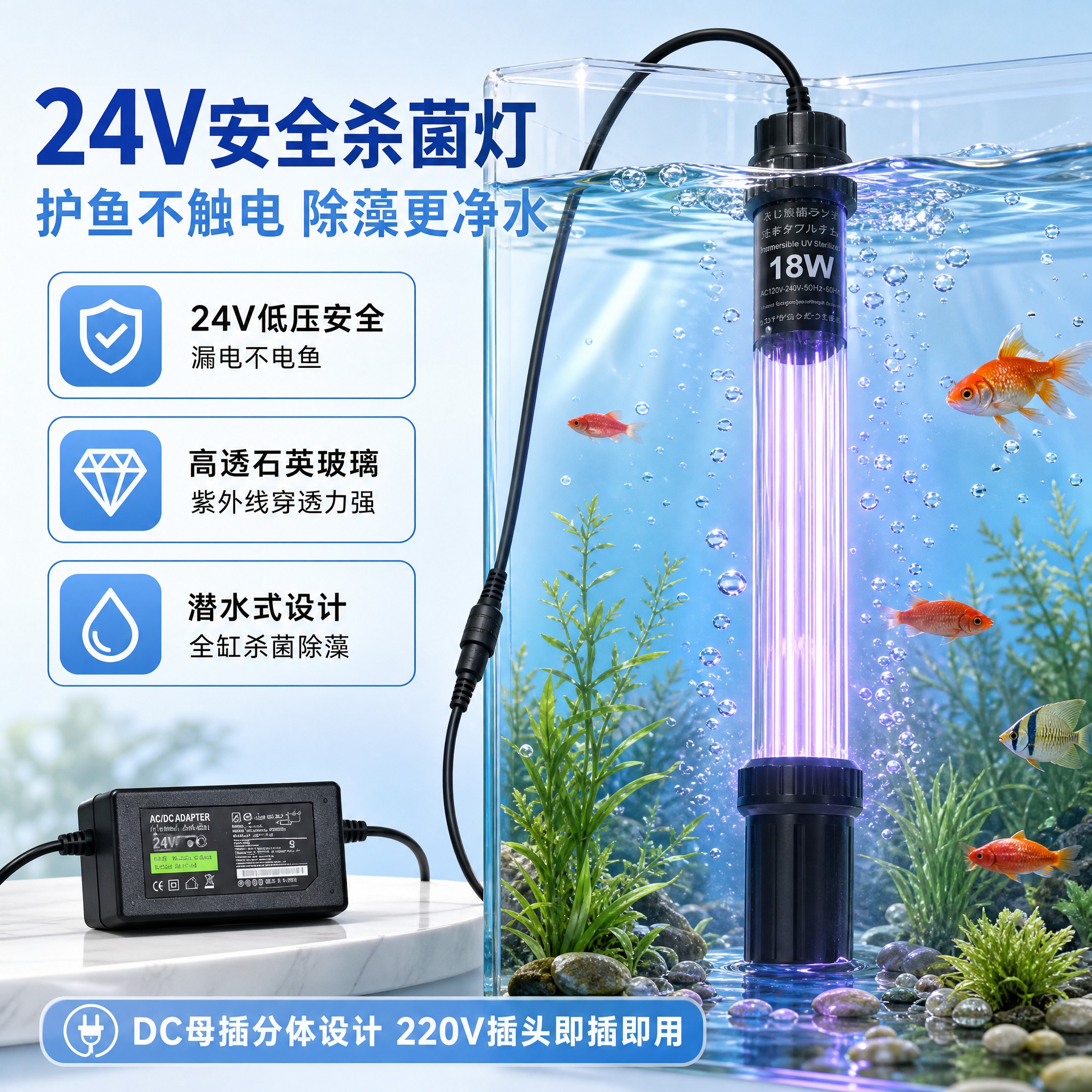 [单张主图] 24V鱼缸水族UV杀菌灯（18W潜水式），爆款促… - 图片创意预览