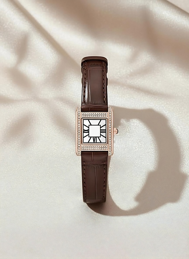 浅米色的丝绸做空间感的背景，珍珠般的光泽感，光线从左侧照射过来，手表右侧有阴影，背景中很少的浅浅的隐约有树叶的倒影，无logo