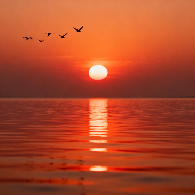 唯美夕阳场景，橙红色天空晕染着柔和的霞光，波光粼粼的水面倒映着落日，远处有归鸟掠过天际，氛围静谧温暖预览效果