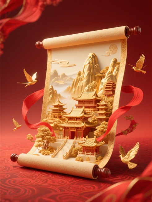 红色金色为主色调，立体写实风格，画面主体是华丽精致的立体卷轴展开效果，卷轴内有金色的古建筑群和金色的山水景观，搭配红色飘带、金色飞鸟环绕，红色暗纹渐变背景预览效果