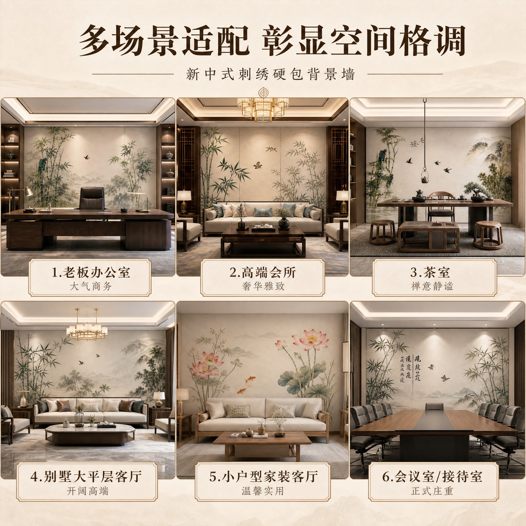 淘宝天猫电商主图，正方形1:1比例，刺绣硬包背景墙多场景应用展… - 图片创意预览