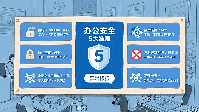图片描述：中心标题为 “办公安全 5 大准则”，周围分 5 个对称模块，每个模块含 “图标 + 准则 + 简短说明”： 密码安全：密码锁图标，文字 “专属且复杂（字母 + 数字 + 符号），重要账号开双认证”； 链接防护：红色叉号图标，文字 “陌生链接 / APP 不碰，官方渠道下载软件”； 信息传输：禁止发送图标，文字 “涉密文件不用私人工具，离职注销账号 + 删数据”； 设备防护：盾牌杀毒图标，文字 “及时更新系统 / 杀毒软件，不连公共 WiFi 办公”； 异常上报：对话框图标，文字 “发现卡顿 / 异常登录，立即联系安全部门”； 整体色调为蓝色，模块间用浅色分隔线，清晰易读，适合办公场景张贴或保存。