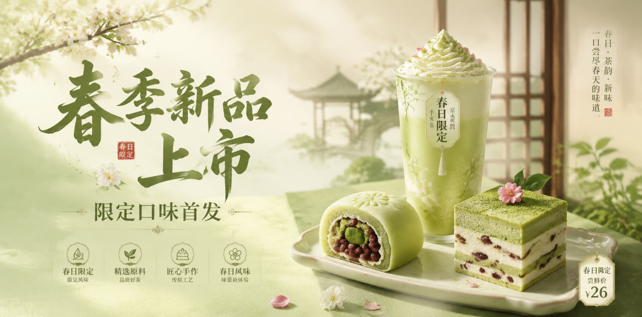 新中式风格茶饮糕点新品海报，尺寸1920x600px，画面包含文案"春季新品上市"和"限定口味首发"，突出茶饮糕点产品特写，搭配柔和雅致的光影效果，整体新中式国风美学风格预览效果