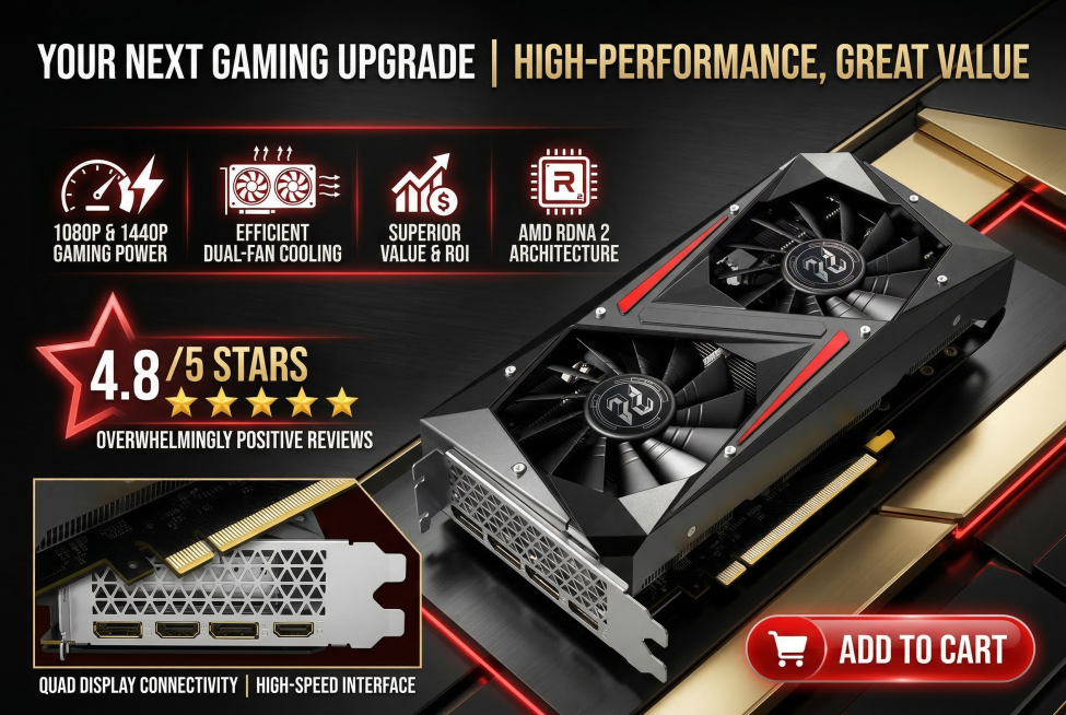 Panoramic view of RX 6600 XT graphics card + selling point tags, 45-degree panoramic view, black gol预览效果