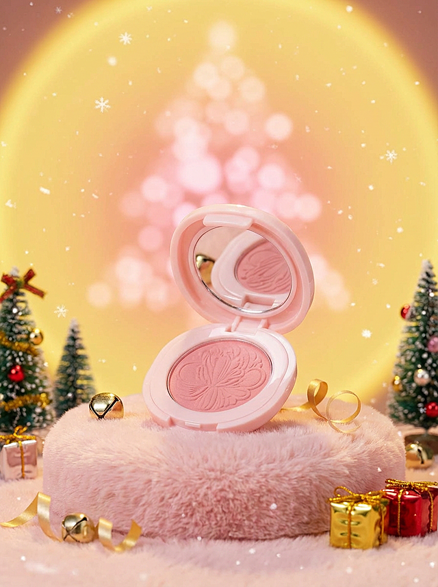 梦幻粉调圣诞场景，轻拟物风腮红搭配毛发生长质感底座，浮雕花纹与暖光雪景交织，传递甜美温馨节日氛围。