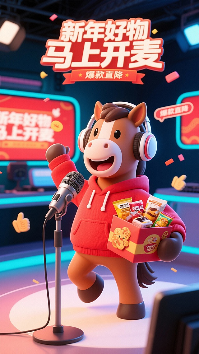 软3D风格卡通马拟人形象，戴耳机持麦克风热情开麦，手持新年礼盒，喜庆红蓝配色，营造节日促销氛围，融合直播场景与塑料质感细节。