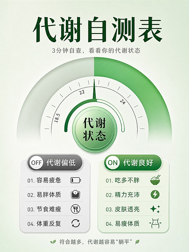参考图的版式骨架和构图风格，整体色系改为偏绿色系（清新薄荷绿、草木绿、深绿渐变），去除画面中的人物剪影元素。保留仪表盘式半圆形视觉结构，保留左右对比卡片布局。

画面顶部：主标题文字为"代谢自测表"，字体醒目大气，深绿色；副标题为"3分钟自查，看看你的代谢状态"，字号较小，灰色。

中间区域：半圆形仪表盘，左侧为浅灰绿色代表代谢偏低区域，右侧为翠绿色代表代谢良好区域，表盘上有刻度和数字。中心圆形按钮写有"代谢状态"四个字，绿色渐变质感。仪表盘两侧保持干净无人物剪影。

下方左右两个圆角卡片：
左侧卡片（灰色调）：顶部开关样式写"代谢偏低"，下方列出4条：01. 容易疲惫 02. 易胖体质 03. 节食难瘦 04. 体重反复，每条配一个简约图标。
右侧卡片（绿色调）：顶部开关样式写"代谢良好"，下方列出4条：01. 吃多不胖 02. 精力充沛 03. 皮肤透亮 04. 易瘦体质，每条配一个简约图标。

底部小字提示："符合越多，代谢越容易'躺平'"。

背景为浅灰绿色渐变，整体风格简约专业，健康科普类海报质感，排版精美，信息层级清晰，画面干净整洁。

画面中所有信息区域、卡片、列表必须填充完整合理的内容，不得出现空白框或空列表项。
画面中所有数字必须精确渲染，不得错位、遗漏或编造。