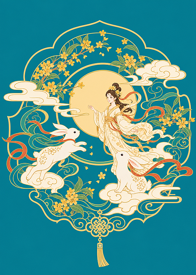 去掉图像中的投影和立体效果，改为纯二维平面画面，保留所有元素、配色和国潮风格，仅去除立体效果变为平面插画