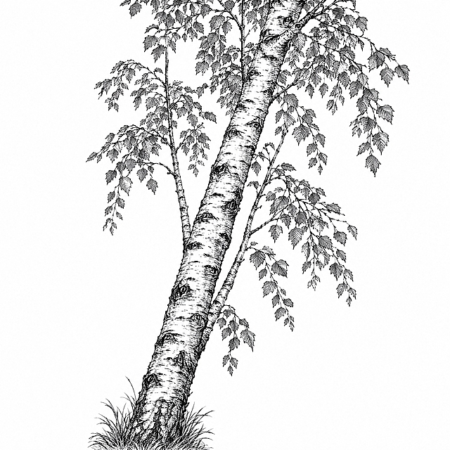 参考图中包装上的黑白铜版画/古典植物雕版线描风格，重新绘制一幅【白桦】的简笔画：竖版构图，一根白桦主干自画面下方斜向右上伸展，旁边伴两根细枝，枝上挂满三角状白桦叶，叶片错落、疏密有致，留白通透，用细密雕版排线刻画，纯白背景，黑白色调，无任何文字