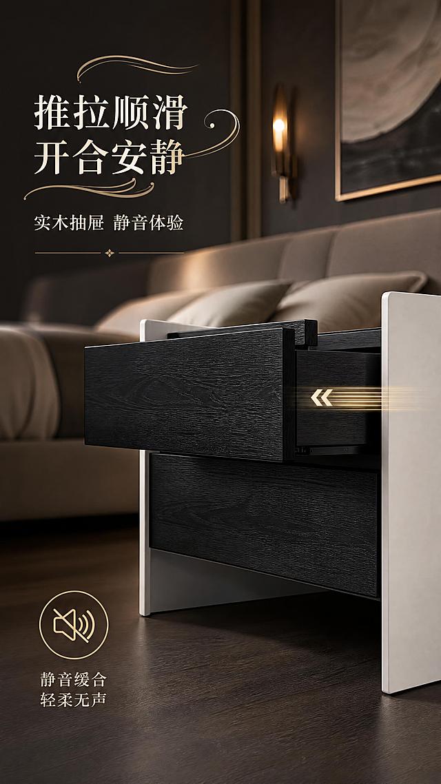 [第4张] 详情页卖点3-抽屉推拉顺滑开合安静。本张使用【图1】作为商品主体，保持产品结构比例材质颜色完全不变，不改变产品比例尺寸，不展示内部结构。
[氛围/风格] 高级意式极简轻奢风，抽屉轨道顺滑演示，商业摄影质感，无人物。
[元素布局] 床头柜侧面/底部角度展示，占比约50%；重点展示实木抽屉推拉顺滑、开合安静的特点；用动态线条/静音符号表现顺滑静音；左侧为文案区；背景虚化意式极简卧室场景，含大床、壁灯、装饰画等软装；床头柜保持黑白拼色+黑色木皮台面+双抽屉+白色一体脚完全一致。
[光影质感] 侧下方柔光打在轨道区域，凸显质感，底部自然投影，整体安静高级。
[配色色系] 全局底色深灰#333333；主色黑色木皮+白色钢琴烤漆+一体脚；辅助色暖金、米白。
[视角构图] 侧面微仰视近景，聚焦抽屉区域，景深虚化背景，阅读动线左上标题 → 中间抽屉特写 → 底部静音标识。
[文字版式] 版式为左上标题 + 右侧抽屉顺滑演示。主标题「推拉顺滑 开合安静」用花体艺术字，带静音波浪花样装饰；副标题「实木抽屉 静音体验」用衬线艺术字；配静音小图标；文字不遮挡产品主体。
[负向提示词] 产品变形，拉长压扁，缺件错件，结构错误，颜色偏差，水印，文字错乱，文字过小，有人物，有人脸，背景杂乱，产品图模糊，展示内部结构。
