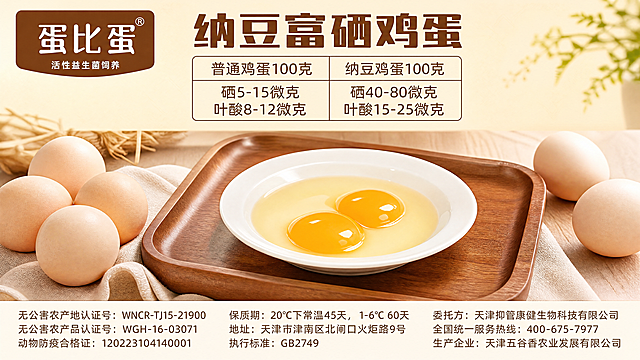 纳豆富硒鸡蛋电商首页轮播广告图，整体保持参考图的版式骨架与暖米色简约清新风格，顶左上角放置"蛋比蛋"品牌棕色标，标注"活性益生菌饲养"，上方大主标题为"纳豆富硒鸡蛋"，主标题下方保留对比成分介绍表格，表格文字为"普通鸡蛋100克 硒5-15微克 叶酸8-12微克 | 纳豆鸡蛋100克 硒40-80微克 叶酸15-25微克"，图片中部展示鲜鸡蛋实物，整蛋放置在左侧，破壳蛋黄放置在木质托盘白盘中央，右侧保留点缀整蛋，整体暖色调，新鲜食欲感，顶部自然光，侧前方柔光，分区清晰，排版精美，文字清晰可读，文案不遮挡产品主体，画面干净整洁，比例为16:9，4K超高清