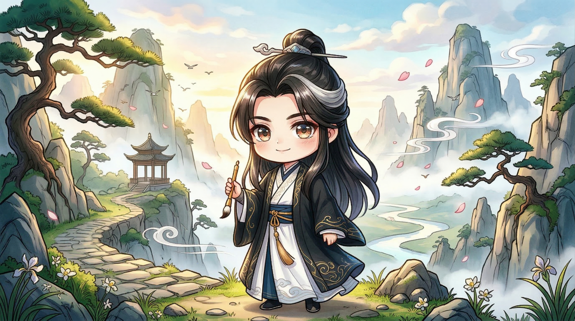 高清优化图片，为人物添加更多细节，细化头发和衣服材质，修改脸部特征，调整为日本二次元风格，整体线条调整为二次元水墨风格预览效果