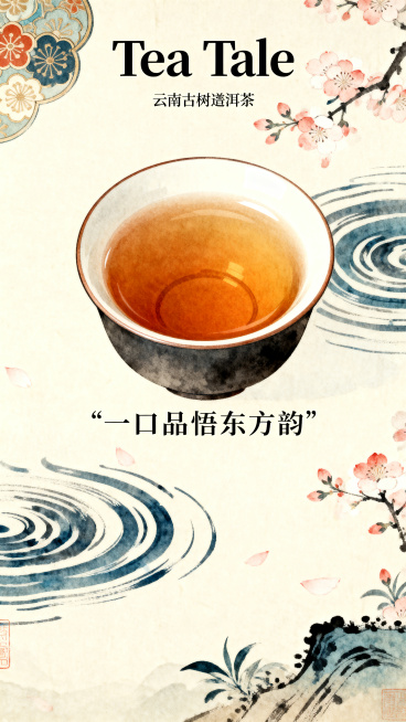 茶饮品牌“Tea Tale”宣传海报，竖版。日式浮世绘风格，产品是云南古树普洱茶，卖点醇厚茶汤，突出东方禅意美学，文字标语“一口品悟东方韵”排版精致，细节点缀传统日式水纹和樱花纹样，整体淡雅禅意。预览效果
