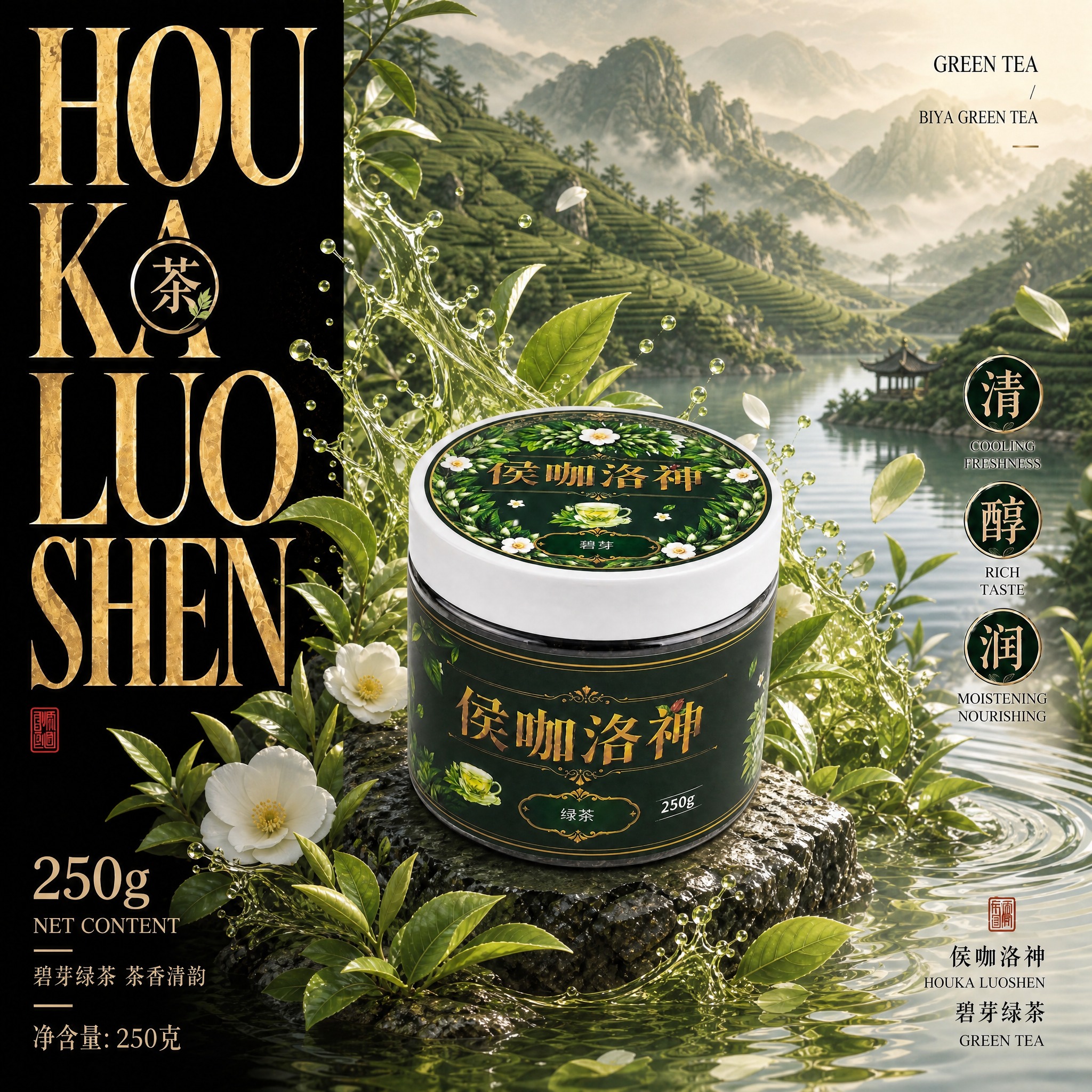 参考提供的黑金高端国风水果茶海报风格，生成绿茶（碧芽）口味的同… - 图片创意预览