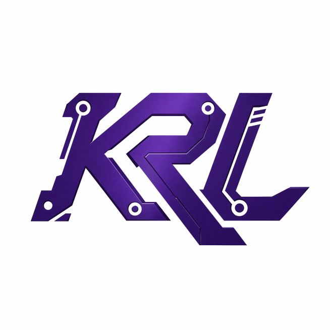 深紫色字体，白色干净背景，创意无衬线字体设计三个字"KRL"，多字融合为一个整体图形构图，将字体进行大幅度抽象变形。加入机械质感和金属工业风格，笔画棱角分明带有机械切削的锐利边缘，三个字母的笔划互相穿预览效果