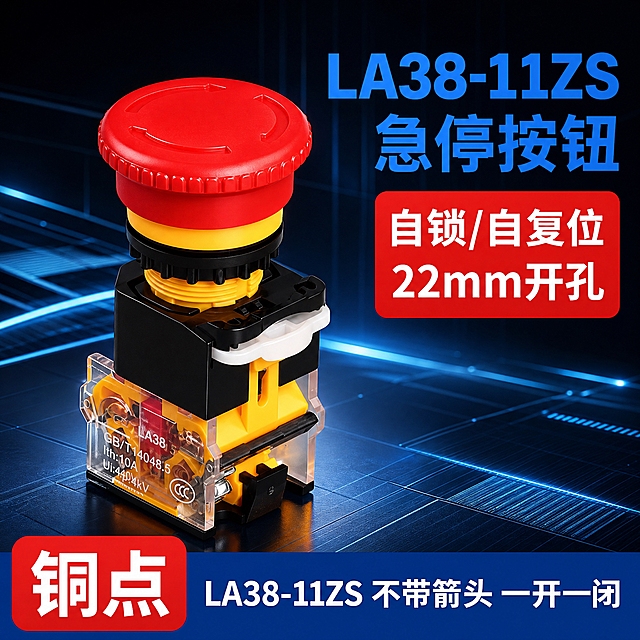 电商主图，LA38-11ZS急停按钮产品主图，800*800正方形，深蓝科技工业风，产品精修。全部文字使用思源黑体 Bold字体。产品上的"浙江凯蓝电气有限公司"和"CHKL"去掉。

[画面主体] 画面中心偏左展示LA38-11ZS急停按钮产品立体特写，红色蘑菇头按钮，黄色底座，黑色中间件，透明外壳可见内部铜触点结构。产品精修处理，红色按钮头质感饱满，金属边缘高光清晰，塑胶质感干净利落，无灰尘划痕，结构细节清晰可见。产品透明外壳上的"CHKL"和"浙江凯蓝电气有限公司"字样全部清除去掉，只保留LA38型号和参数标识。产品占画面约50%。

[背景风格] 深蓝色到黑色的科技感工业背景，带有蓝色光线和科技网格效果，地面有反光，整体工业科技感，干净不杂乱，突出产品主体。

[文案版式] 全部文字使用思源黑体 Bold字体，排版整齐清晰。
右上角区域：
  第一行："LA38-11ZS" 蓝色超大粗体
  第二行："急停按钮" 蓝色大粗体
  下方红色圆角矩形标签："自锁/自复位""22mm开孔" 白色粗体两行

底部区域：
  左侧红色圆角矩形："铜点" 白色超大粗体
  右侧深蓝色横条："LA38-11ZS 不带箭头 一开一闭" 白色粗体

[光影质感] 商业产品摄影质感，主光从左上方打来，金属部分高光锐利，弹簧结构清晰，铜件金色质感真实，塑胶件干净，透明件通透，整体立体感强。

[配色] 主色：深蓝/黑色工业背景；强调色：红色（按钮头、标签）、蓝色（型号文字、底部横条）、白色（主文字）；整体高对比度，专业工业感。

[产品处理] 产品透明外壳上的"CHKL"和"浙江凯蓝电气有限公司"字样全部清除，只保留LA38型号、电压电流参数、CCC认证等技术标识。产品精修，金属件高光锐利，银触点质感真实，透明件通透，塑胶件干净无划痕。

[文字要求] 全部文字使用思源黑体 Bold字体，横排，排版整齐，层级清晰。文案与原图完全一致，不增减内容。

[规格] 图片尺寸800*800正方形，2K分辨率，避免变形、错字、文字过小、产品模糊、背景杂乱、水印、平台logo。产品上无CHKL和浙江凯蓝电气有限公司字样。