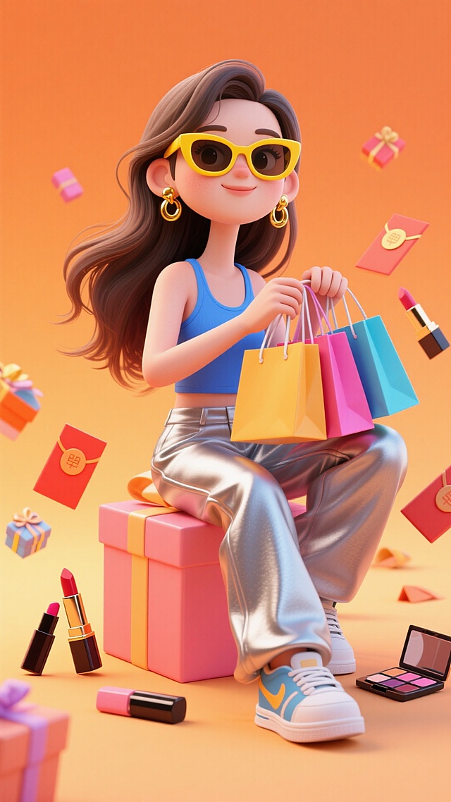 长发女性，戴黄框墨镜、金耳环，穿蓝色背心、银阔脱裤、运动鞋，坐粉橙相间礼盒上，手持多色购物袋。周围散落红包、口红、眼影盘、小礼盒等元素，橙色渐变背景