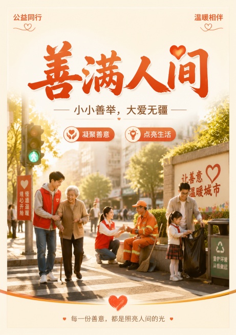 公益海报A4尺寸，写实治愈风格，画面展现城市街角多人互帮互助的群像，主标题大字"善满人间"，副标题小字"小小善举，大爱无疆"，角落装饰文字"公益同行"和"温暖相伴"，卖点标签"凝聚善意"和"点亮生活"预览效果