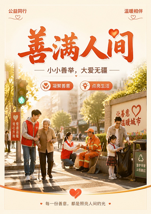 公益海报A4尺寸，写实治愈风格，画面展现城市街角多人互帮互助的群像，主标题大字"善满人间"，副标题小字"小小善举，大爱无疆"，角落装饰文字"公益同行"和"温暖相伴"，卖点标签"凝聚善意"和"点亮生活"，清新暖色调，阳光氛围，版式精美，四边留足安全边距，文字清晰可读。