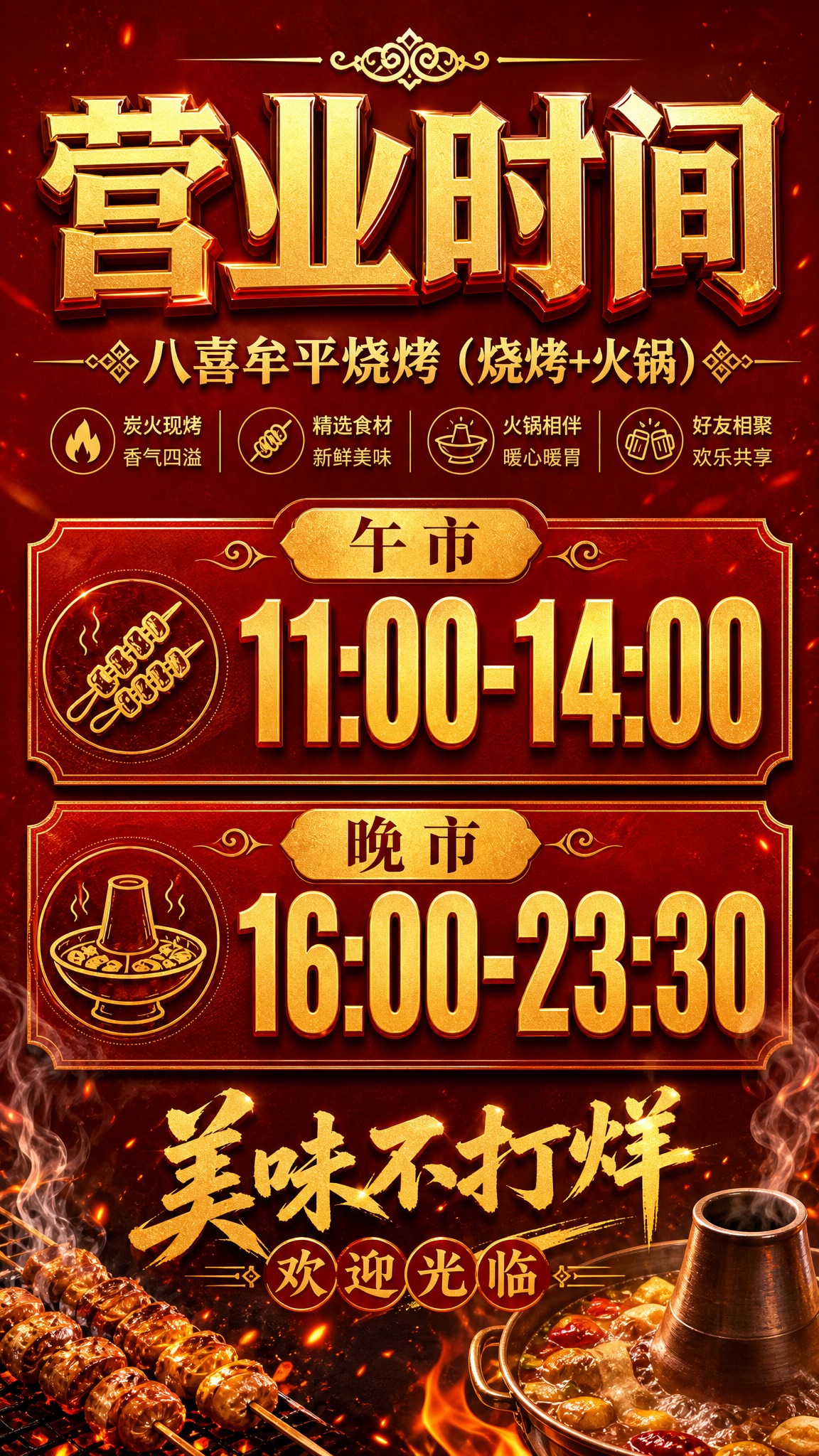 参考图中的版式结构和黑金风格，重新生成一张更醒目的餐饮店铺营业… - 图片创意预览