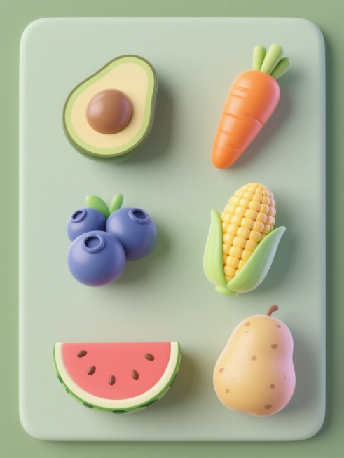 纯色背景上，六个软3D风格的果蔬以规整排布方式组成集合，包括牛油果、胡萝卜、蓝莓、玉米、西瓜和土豆，每个果蔬都保持其独特形态特征，表面有柔和的渐变色彩和细腻的光泽感，整体色彩鲜亮明快，营造出清新自然的氛围，视觉层级清晰，信息传达高效，具有现代设计感。预览效果