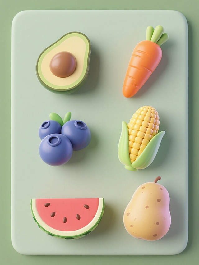 纯色背景上，六个软3D风格的果蔬以规整排布方式组成集合，包括牛油果、胡萝卜、蓝莓、玉米、西瓜和土豆，每个果蔬都保持其独特形态特征，表面有柔和的渐变色彩和细腻的光泽感，整体色彩鲜亮明快，营造出清新自然的氛围，视觉层级清晰，信息传达高效，具有现代设计感。
