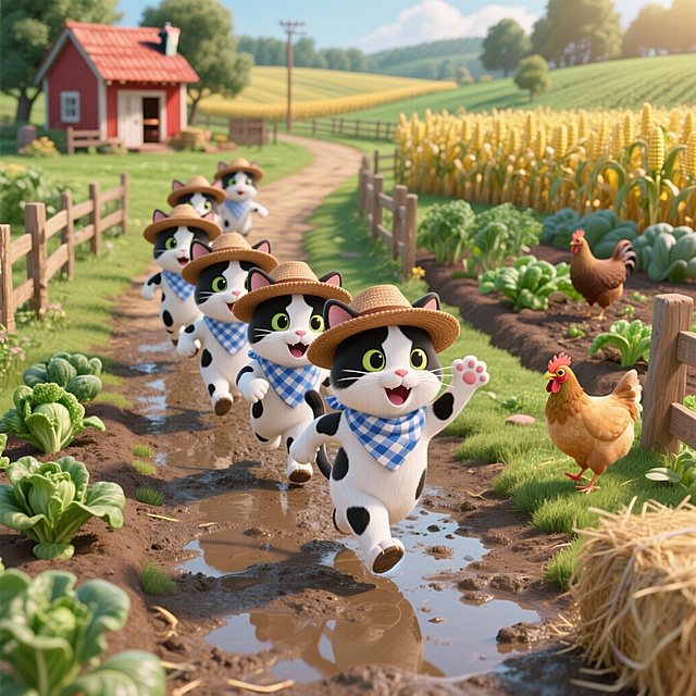画面主体：主角：9只黑白相间的奶牛猫，每只都戴着棕色的草帽和蓝白格子围巾动作：三只小猫排成一列在泥土地上奔跑，最前面的小猫抬起一只爪子，表情兴奋开心，嘴巴张开像是在欢呼细节：小猫们的毛发质感柔软，黑白斑点清晰可见，草帽和围巾的细节精致农场环境：道路：泥泞的农场小路，路面有小水洼和干草堆，显得非常真实菜园：道路两旁是整齐的菜园，种植着绿色的蔬菜，有木栅栏围起来背景：远处有一个红色屋顶的小棚屋，周围是金黄色的玉米地和绿色的田野动物：一只棕色的母鸡在菜园边悠闲地踱步，增添了农场的生活气息整体氛围：光线：温暖的阳光洒在整个场景上，营造出明媚的乡村氛围色彩：以绿色、金黄色和泥土色为主调，色彩丰富而和谐画面主体：主角：10只黑白相间的奶牛猫，每只都戴着棕色的草帽和蓝白格子围巾动作：三只小猫排成一列在泥