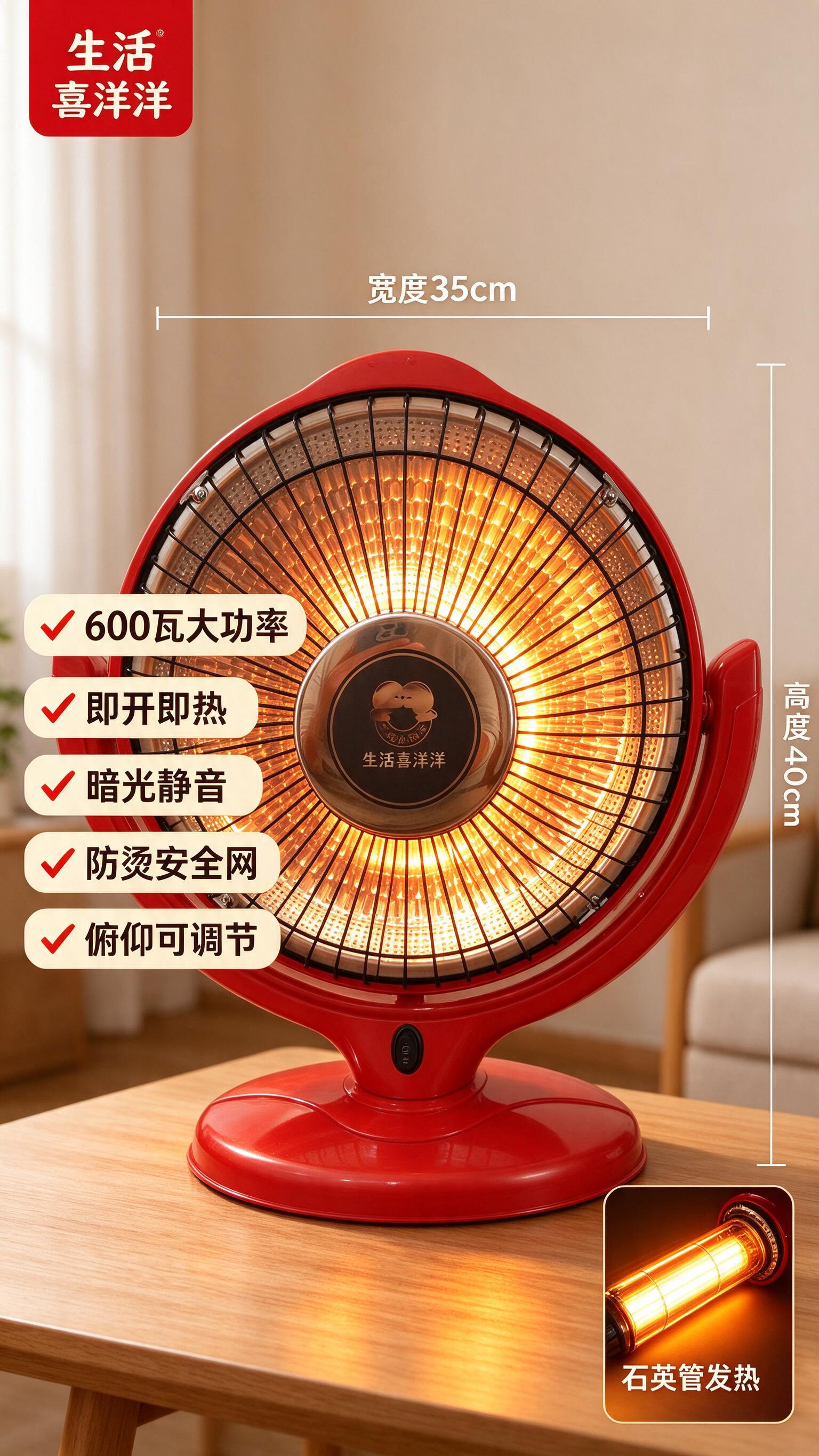 参考图2的详情页版式风格，将图1中的红色小太阳取暖器作为主商品… - 图片创意预览