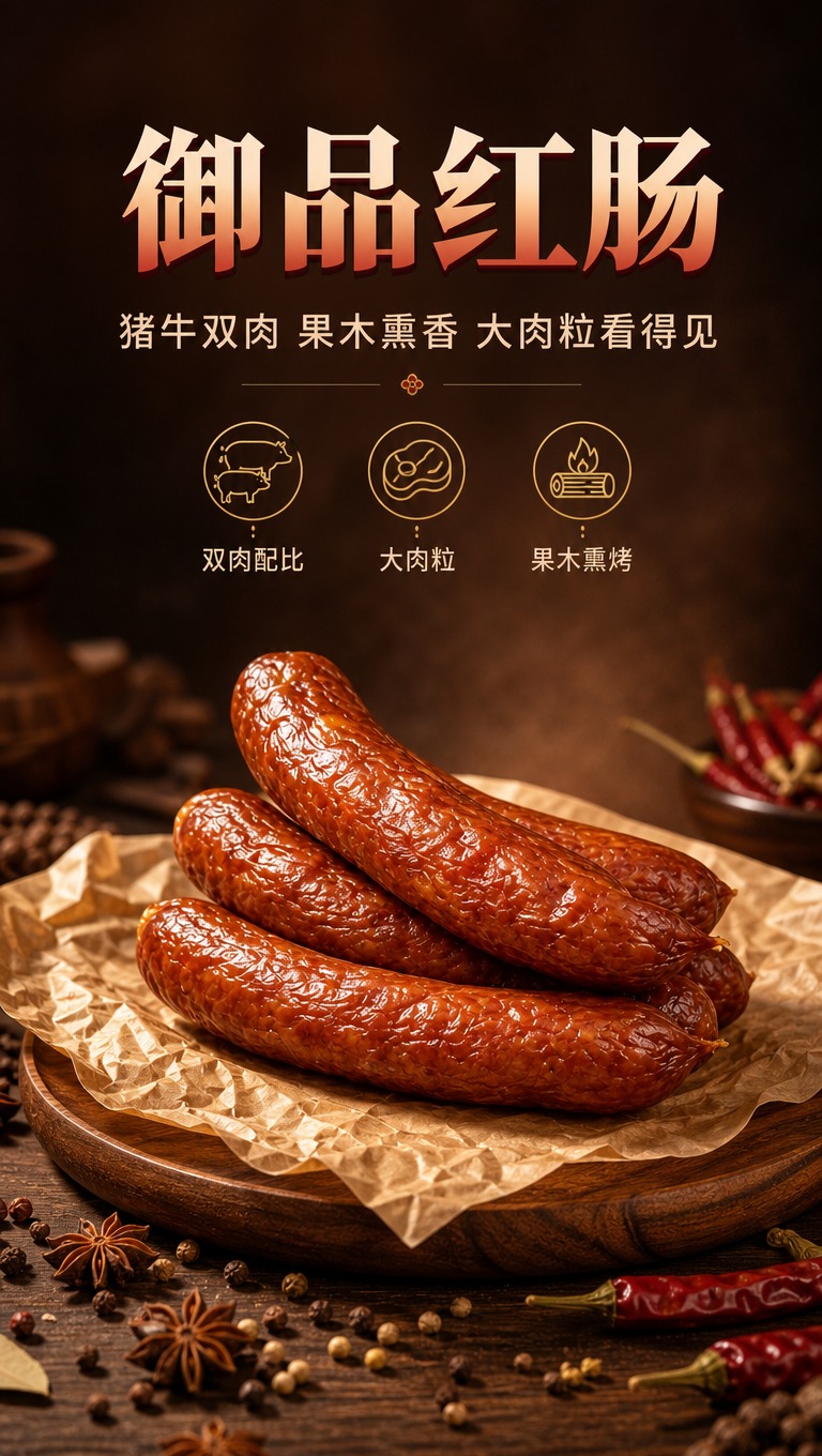 [商品] 使用【图1】御品红肠整肠展示图；保留红肠枣红色烟熏外… - 图片创意预览