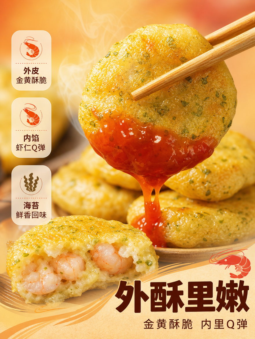 [商品] 使用【图7】筷子夹着虾饼蘸酱图和【图6】虾饼堆叠图；… - 图片创意预览