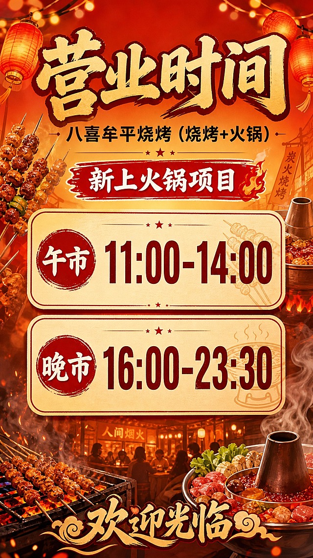 一张竖版餐饮店铺营业时间通知海报，暖色调烟火气风格。画面顶部居中大标题"营业时间"，字体醒目有力。标题下方是店铺名称"八喜牟平烧烤（烧烤+火锅）"，稍小字号。再下方有一个醒目的红色标签写着"新上火锅项目"，突出显示。画面中部是两个时间段信息卡片，分别写着"午市 11:00-14:00"和"晚市 16:00-23:30"，时间数字用大号字体突出显示，清晰易读。背景为暖橙红色渐变，点缀烧烤串、火锅热气、炭火等餐饮元素的剪影或插画装饰，营造热闹烟火气氛围。底部有"欢迎光临"装饰文字。整体版式精美，信息分区明确，高对比度文字，留白规整，适合张贴。画面中所有数字必须精确渲染，不得出现错位、遗漏或编造的数字。画面中所有信息区域必须填充完整合理的内容，不得出现空白框或待填写区域。
