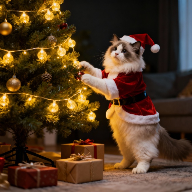 一只可爱的布偶猫，打扮着圣诞服装，站在圣诞树前装饰圣诞树。地上有一些礼物盒子。背景是深色室内环境。有串灯。预览效果