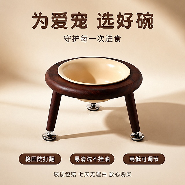 [主图-5] 实木高脚宠物碗信任收口图 品质保证
[氛围风格] 高级品质感 信任背书 温暖可靠
[画质] 商业摄影质感 光影高级 产品精致
[元素] 产品放置在画面中央 微仰视角度展示产品高级感 保持产品外观物理结构材质质感颜色与输入产品图完全一致 杜绝任何变形和色差 胡桃木支架沉稳大气 陶瓷碗温润有光泽 商品主体占比约60% 背景为浅米色高级质感背景 有柔和的光影渐变 产品下方有自然投影 画面底部有三个圆角信任标签 画面满屏无边框
[光影] 顶部主光+两侧轮廓光 产品立体感强 陶瓷高光柔和精致 木纹纹理清晰有质感 阴影柔和自然 整体高级感
[配色] 主色胡桃木深棕+陶瓷米白 背景浅米色 点缀暖金色
[视角构图] 微仰视正面视角 产品居中 视觉重心稳定 突出品质感
[文字版式] 顶部居中主标题"为爱宠 选好碗" 深棕色圆润粗体最大号 下方小字副标题"守护每一次进食" 同色小号 产品下方三个等距排列圆角胶囊标签 分别是"稳固防打翻""易清洗不挂油""高低可调节" 深棕色底白字 底部最下方一行服务承诺小字"破损包赔 七天无理由 放心购买" 灰色小号 文字均放在负空间 不遮挡产品主体
[输出要求] 1:1比例 文字清晰锐利 超高清商业摄影质感
[负向提示词] 变形 文字错乱 产品图模糊 背景杂乱 水印 电商平台Logo