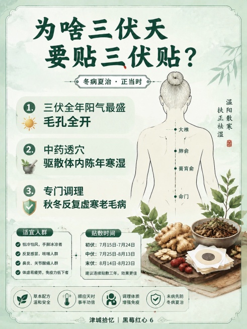 删除画面右下角的二维码占位方块及其中的"二维码占位"文字，将该区域替换为与周围背景一致的浅青国风水墨背景，保持整体画面风格统一，其余所有文字、背部穴位插画、草本元素和落款"津城拾忆｜黑莓红心 6"完全预览效果