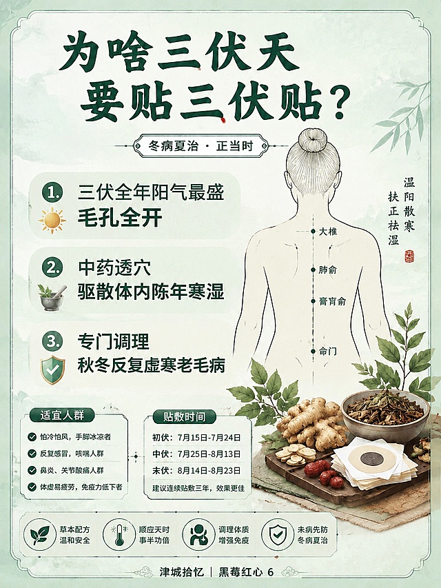 删除画面右下角的二维码占位方块及其中的"二维码占位"文字，将该区域替换为与周围背景一致的浅青国风水墨背景，保持整体画面风格统一，其余所有文字、背部穴位插画、草本元素和落款"津城拾忆｜黑莓红心 6"完全保留不变，国风浅青中医科普插画风格，干净卡片排版，温和养生氛围感