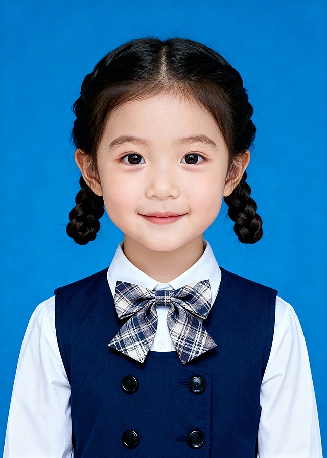 可爱双马尾幼女童儿园蓝底证件照