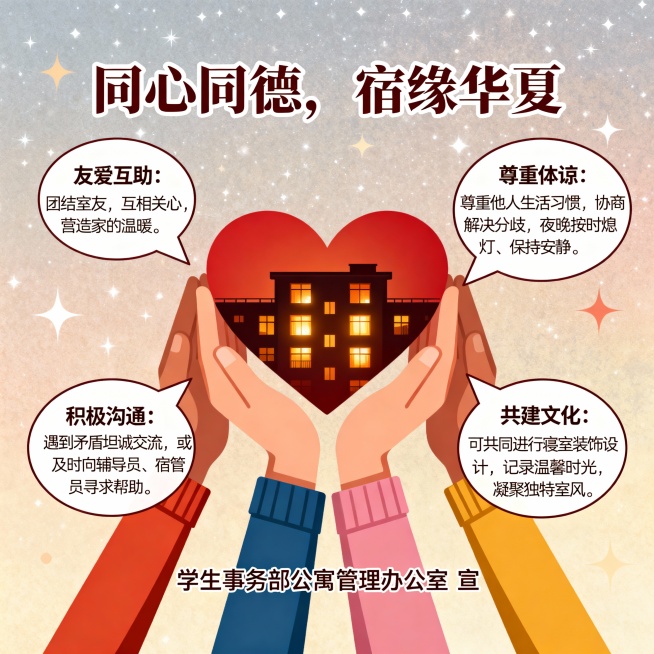 海报：和谐相处，互助一家
这幅海报旨在倡导团结友爱、相互体谅的寝室氛围与健康的作息习惯。

主标题：同心同德，宿缘华夏
核心画面：海报中央是四只不同色彩的手共同托起一颗爱心，爱心中嵌入宿舍楼灯光温暖的预览效果