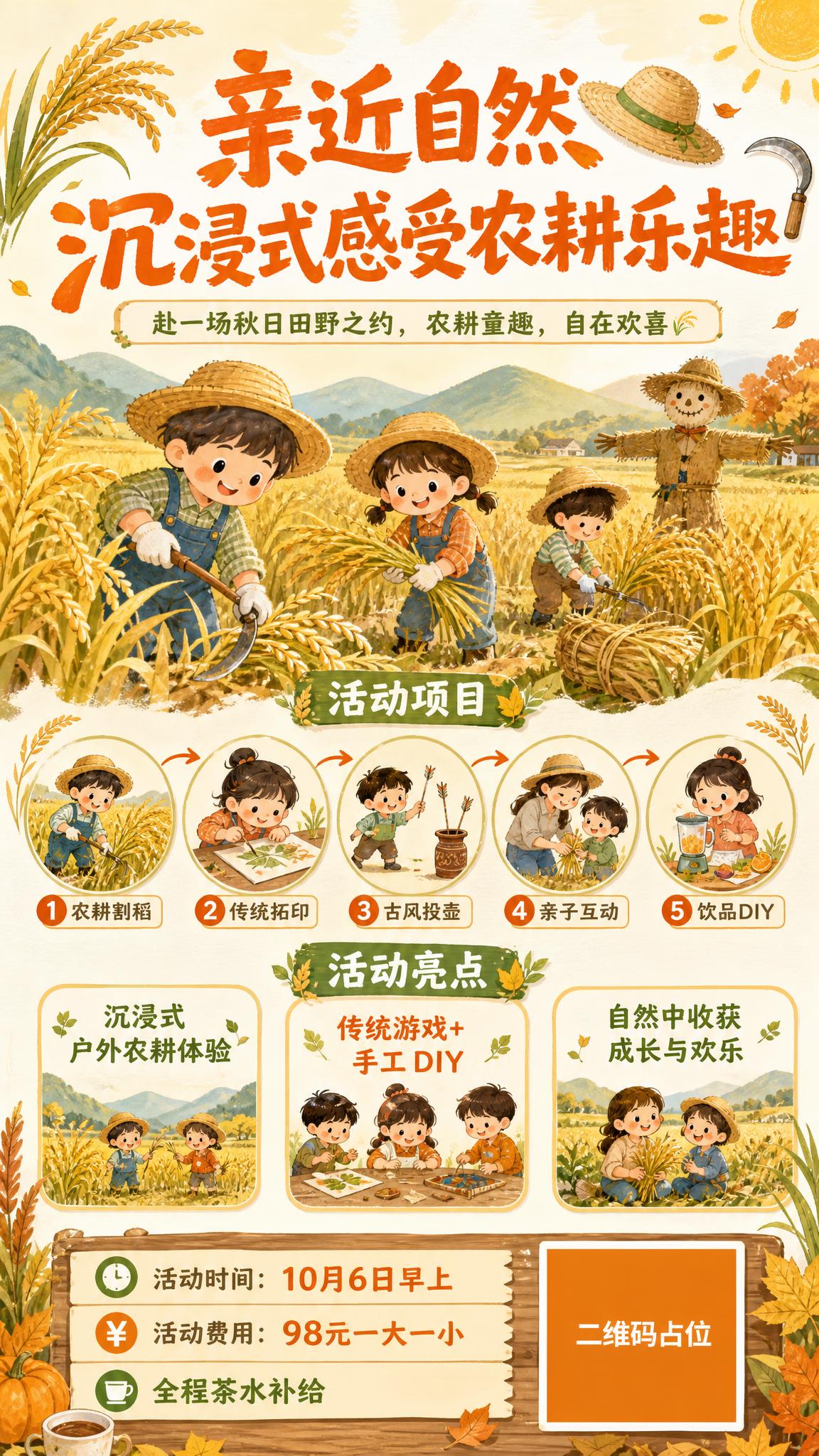秋日农耕趣味体验营活动海报，竖版9:16，秋日田野手绘插画风，… - 图片创意预览