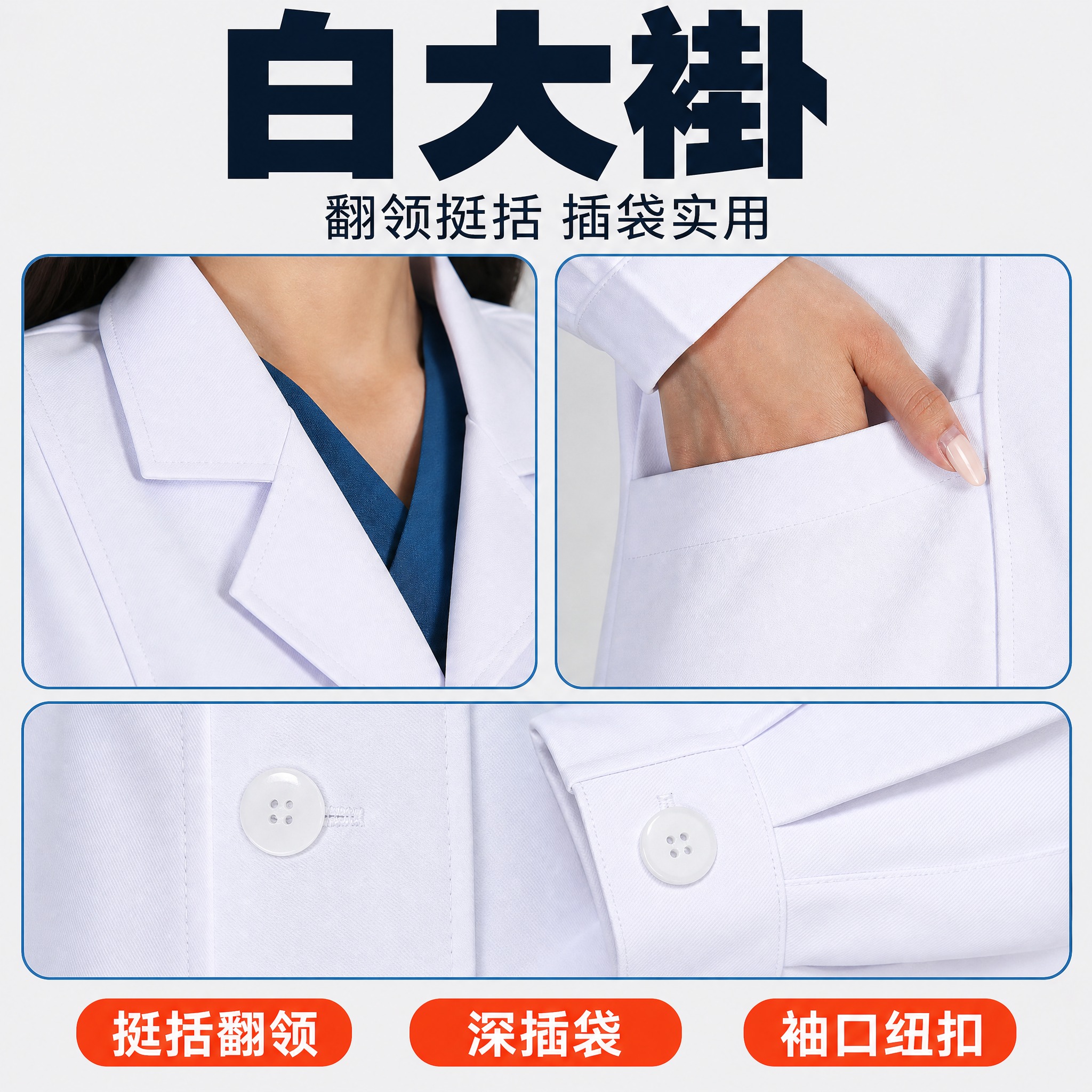 [主图-3] 商品名称「白大褂」，三格细节质感组合图，唯一任务… - 图片创意预览