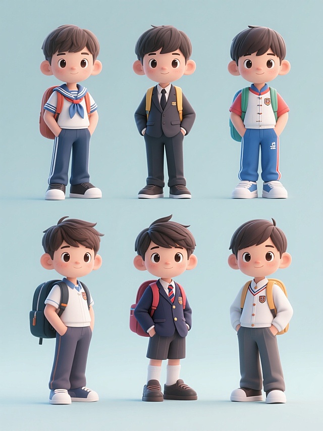 6个穿着不同款式校服的卡通学生角色集合，保持3D立体效果、圆润可爱的造型风格、明亮清晰的光影处理和细腻的材质表现，每个学生均为短发男孩形象、背着书包、双手插兜站姿，分别穿着水手服式校服、西装式校服、运动式校服、中式立领校服、英伦学院风校服、日系诘襟校服，整体画面采用纯色背景，角色呈规整的2x3网格排布，每个学生角色色彩搭配各异且鲜明和谐。